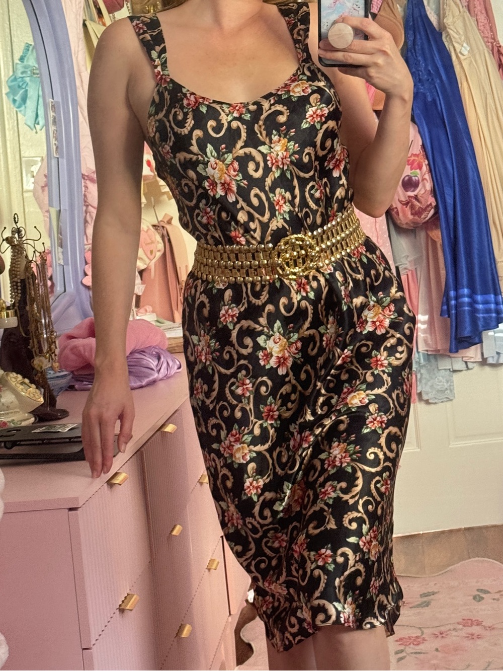 Vintage 90s Ornate Baroque Print Satin Slip Dress